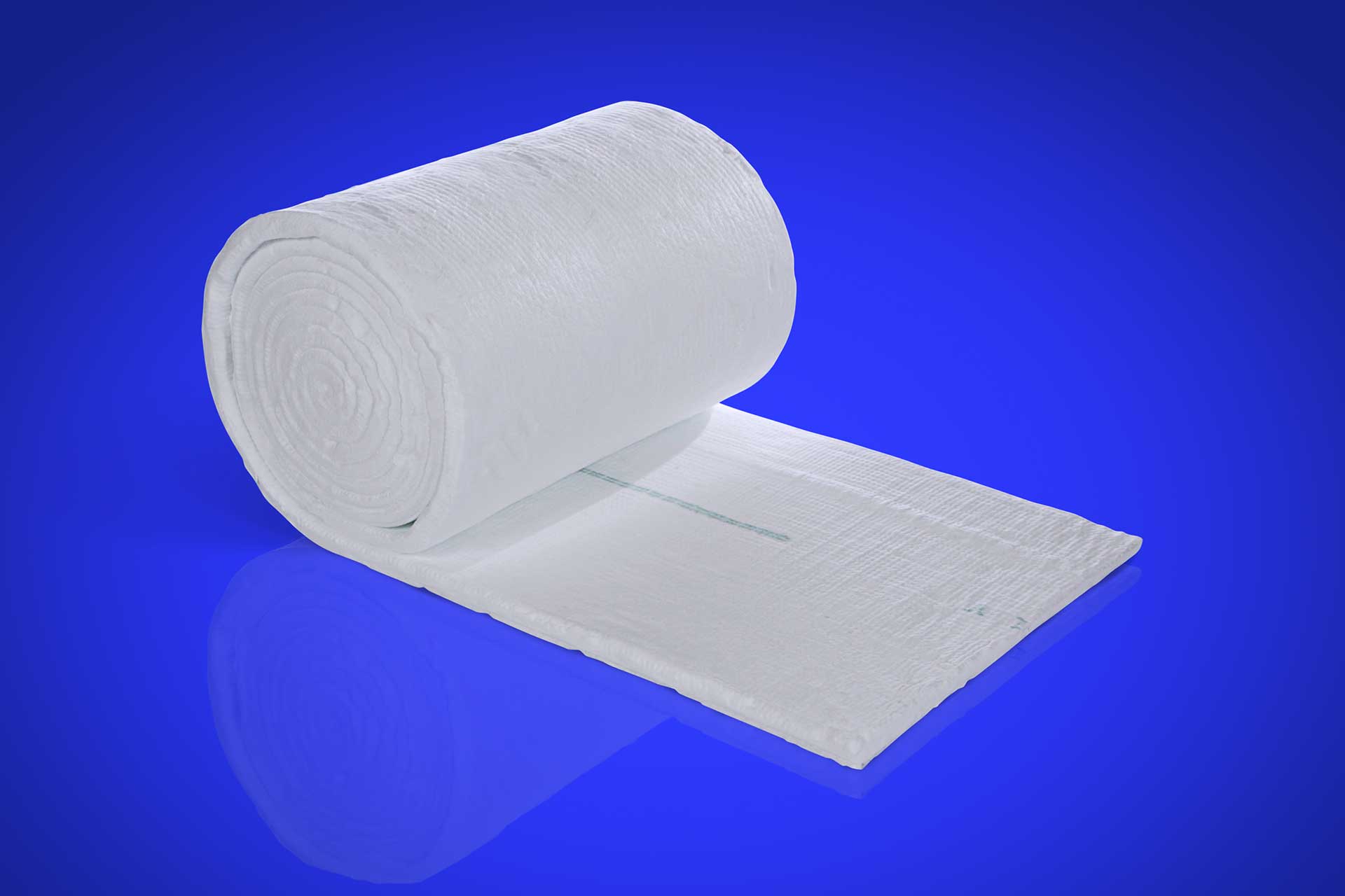 0065 SW Blanket Blue RGB Hero A roll of white low bio-persistence wool used for refractory insulation.