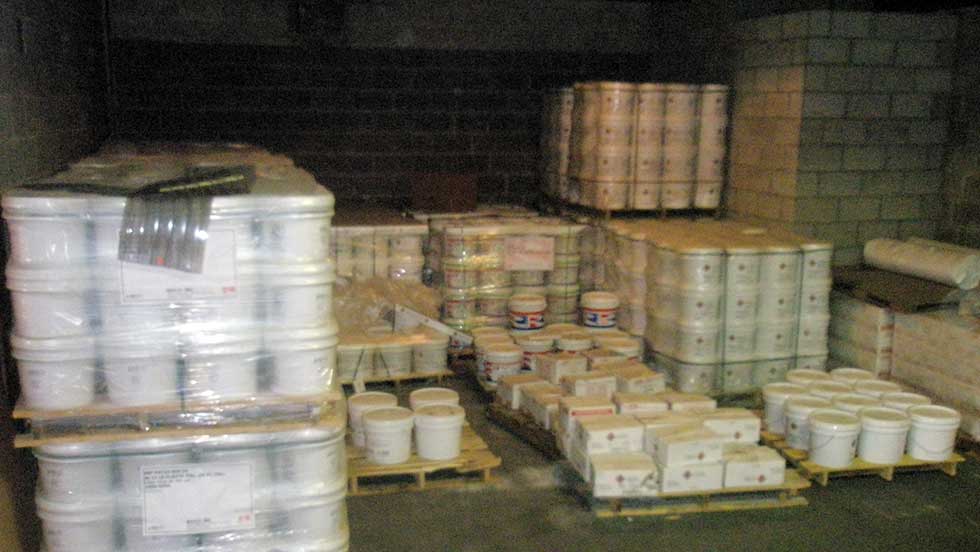 FBE Warehouse Mortar Inventory Pallets full of monolithic refractory materials stored at the FBE warehouse.